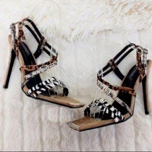 Animal Print Strappy Square Toe Heels in Nude